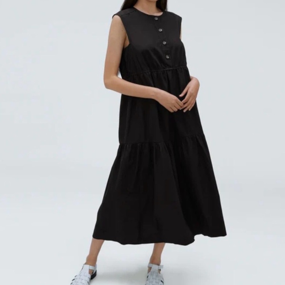 Everlane The Tiered Midi Dress Black Womens size S Oversized Cotton Minimalist